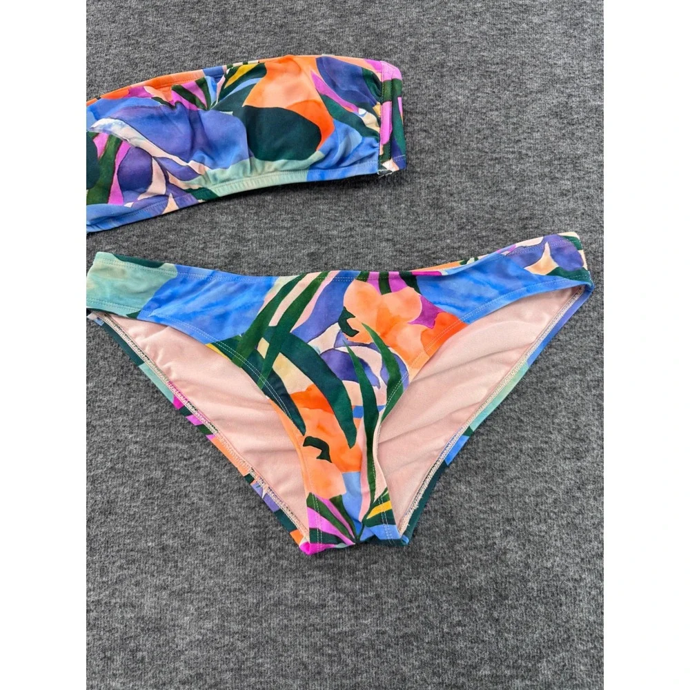Kona Sol Tropical Floral Bandeau Bikini Set Blue Orange M Top L Bottoms